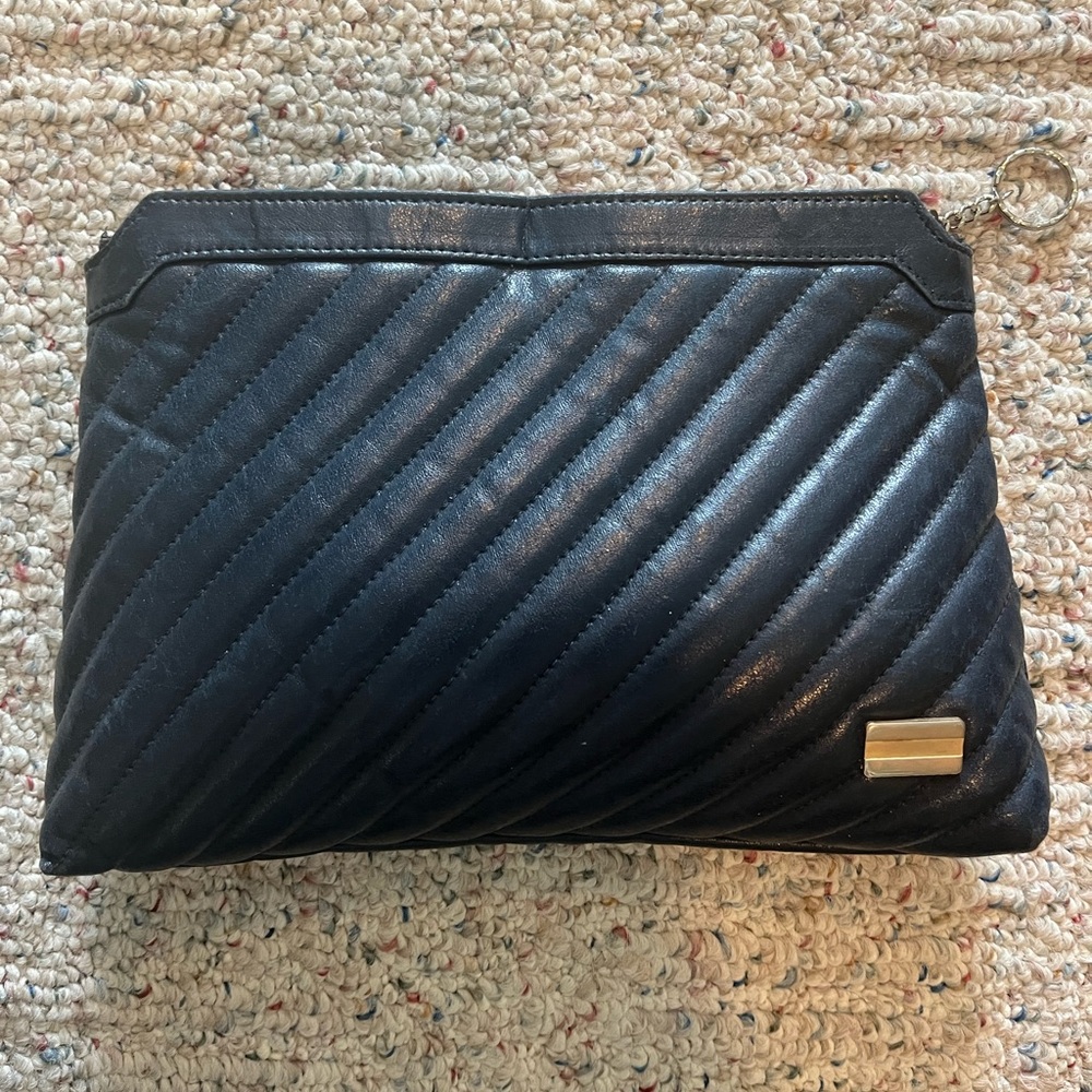 Vintage Mary Ann Rosenfeld Navy Blue Leather Quilted Clutch Handbag Bag Purse👝💙